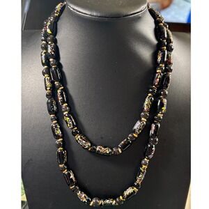 VTG Venetian or Murano Black Glass Confetti Bead Necklace Multicolor